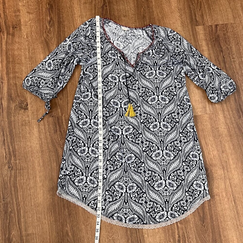 Lucky Brand Blue White Floral Tassel Tie 3/4 Sleeve Mini Dress Cover up Size S - Picture 8 of 12
